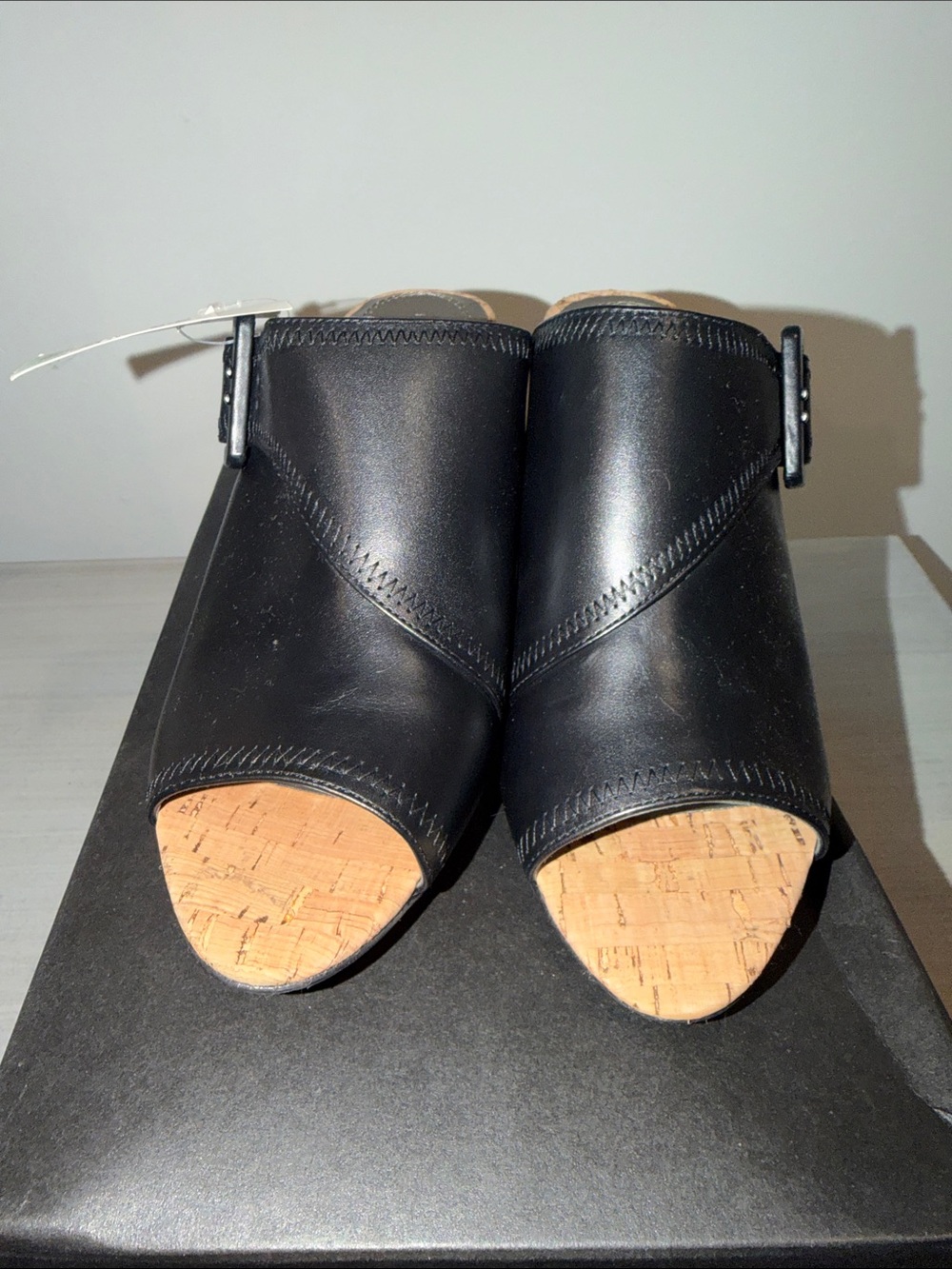 Tahari Black Leather Open-Toe Cork-Front Mule with Buckle Accent